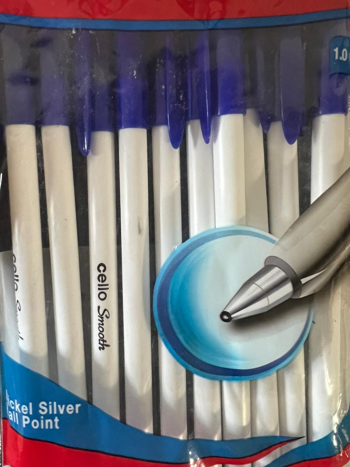 NEW Cello Smooth Pack of 10 Ballpoint Pens Blue Ink Nickle Silver 1.0 Mm Point - Bellso